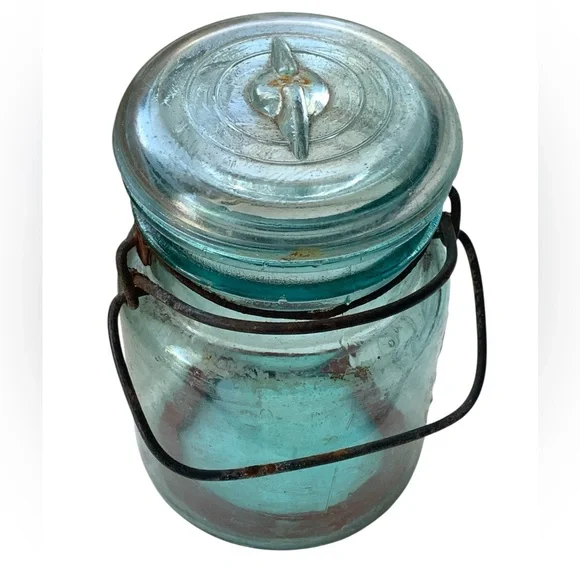 Antique 1900-20 BALL TIGHT SEAL Aqua Blue Glass Pint Mason Jar Wire Bale Kitchen - Picture 12 of 12